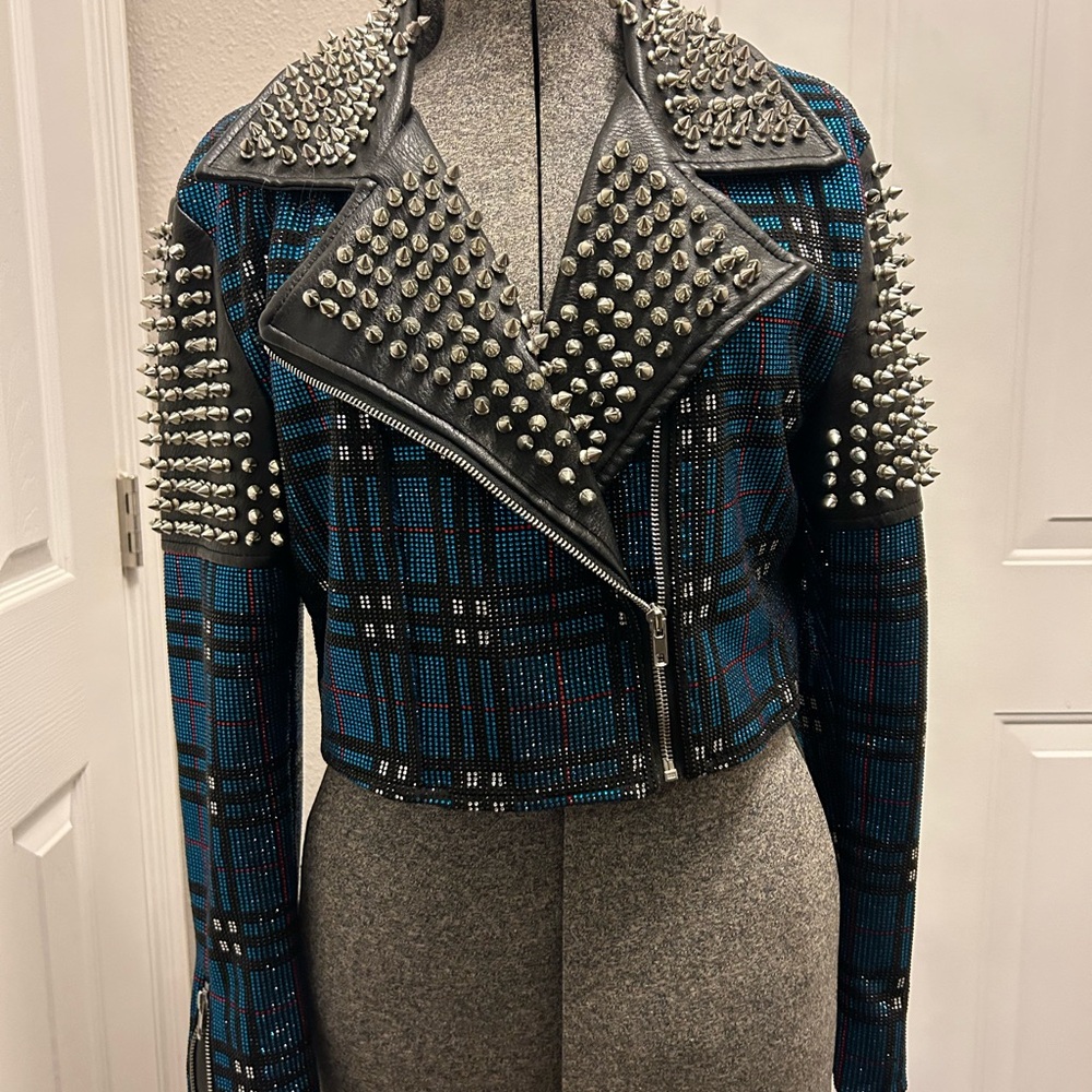 RARE Rhinestone and Riveted Spiked Clueless Plaid Cropped Leather Moto Jacket !! - Picture 2 of 7